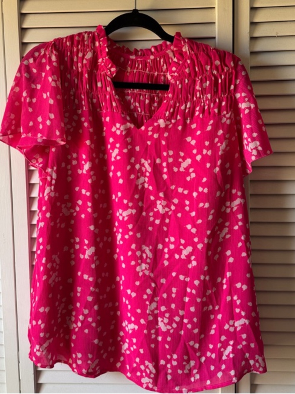 Hot Pink Printed Short-Sleeve Smocked-Neck Blouse